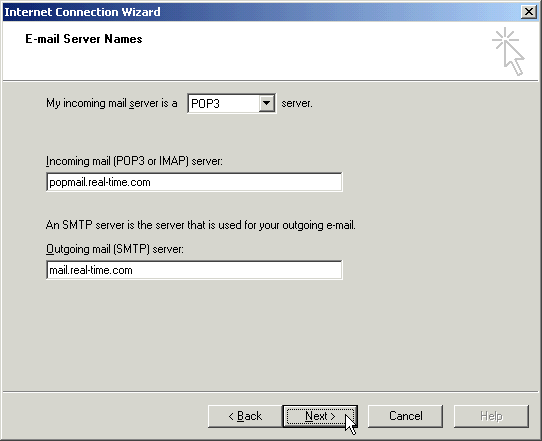 Select server type and mail names