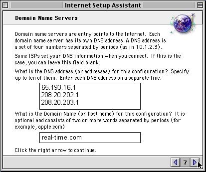 Enter DNS server information, domain name - click right arrow